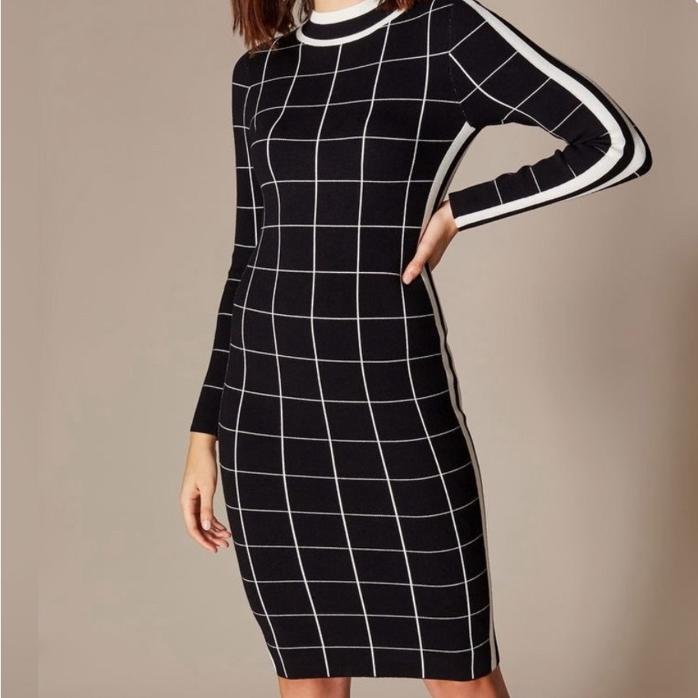 Karen Millen Black and White Checkered Long Sleeve Dress